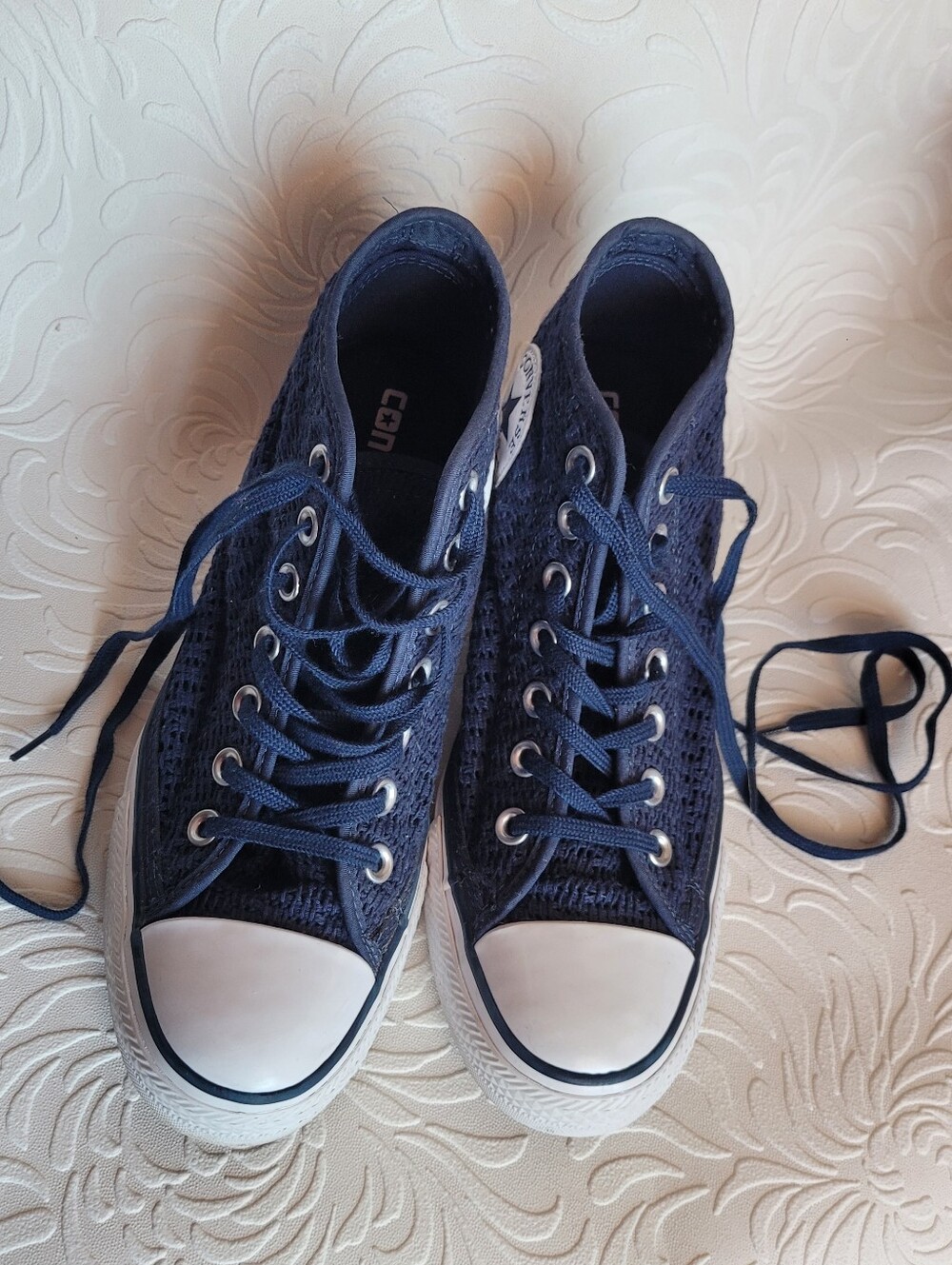 Converse High Top Crochet Hidden Wedge Sneakers - Navy Blue and White Size 8M - Picture 9 of 10